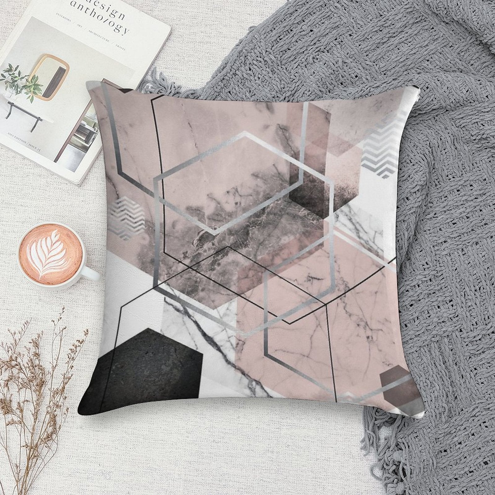 Blush And Grey Geometric Soft Durable Construction Throw Pillow