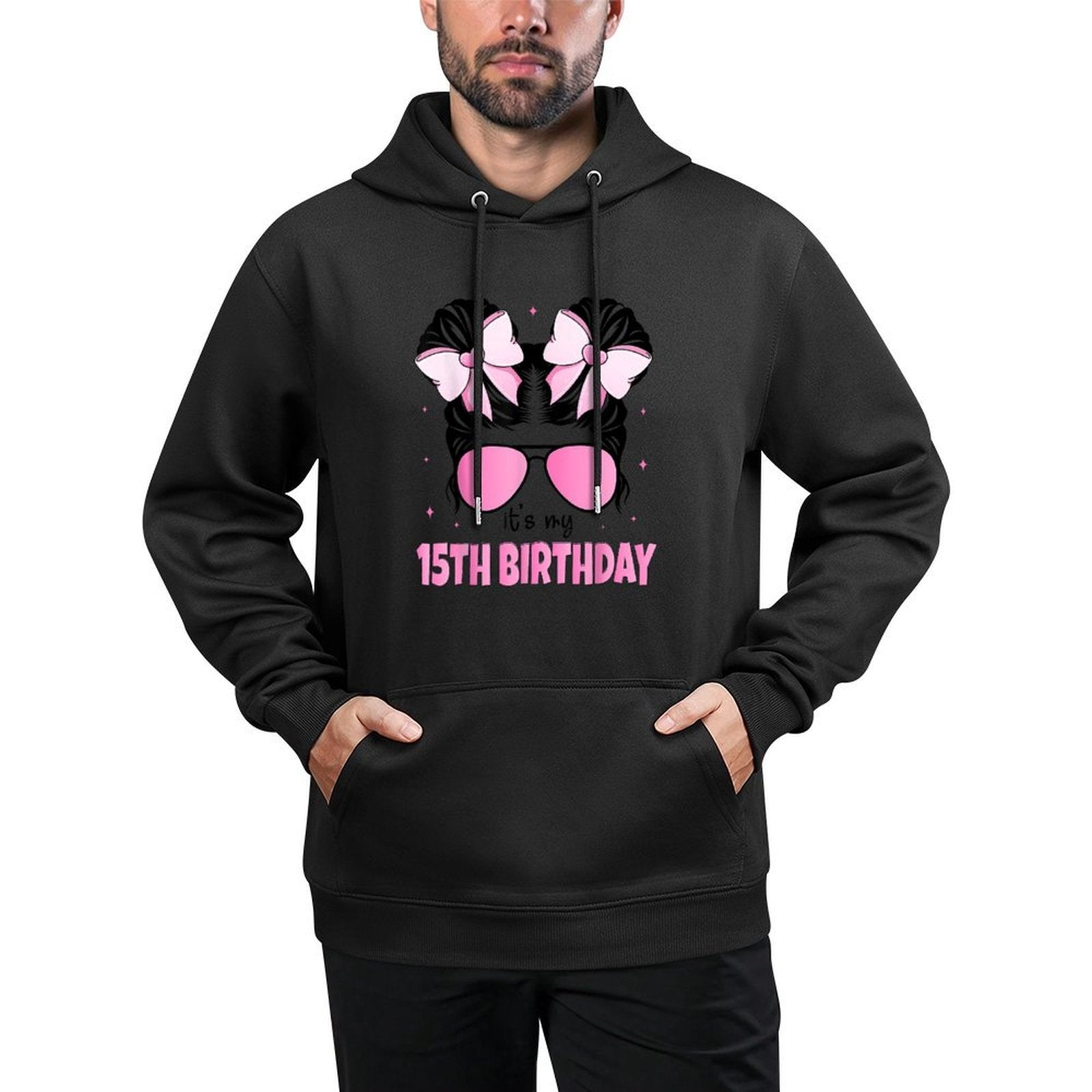 It's My 15th Birthday 15 Years Old Girls Bday Messy Bun Bow Kangaroo Pocket Hoodie