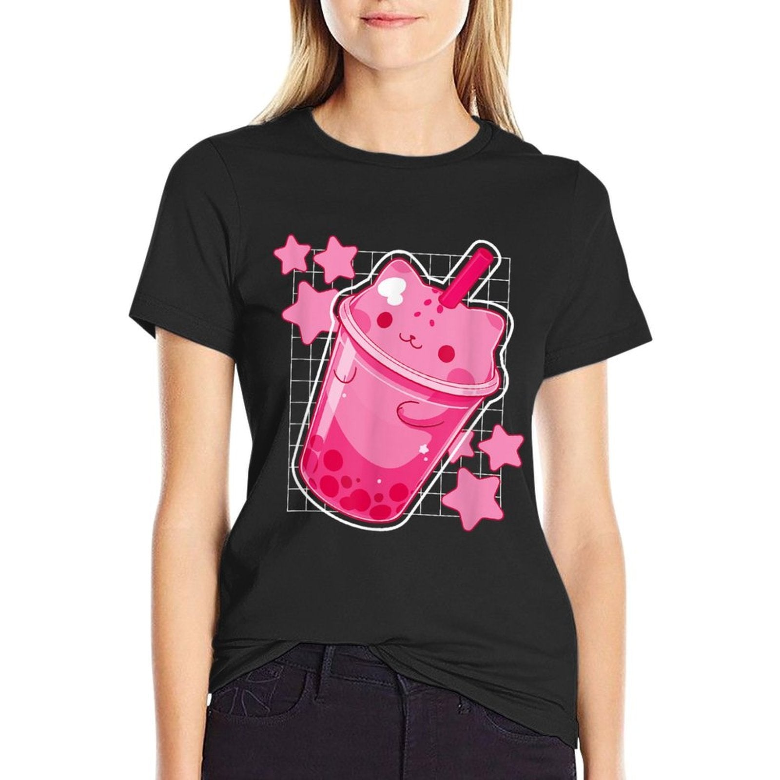 Kawaii Cat Boba Tea Funny Japanese Cat Pink Graphic  Slim-fit Cut T-Shirt