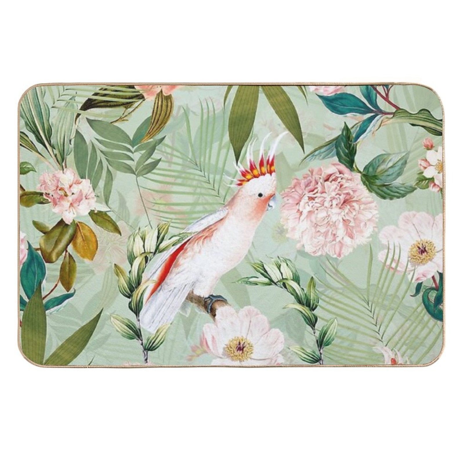 Tropical Cockatoo And Jungle Botanical Garden Pattern - Mint  Fade-Resistant Bath Mat