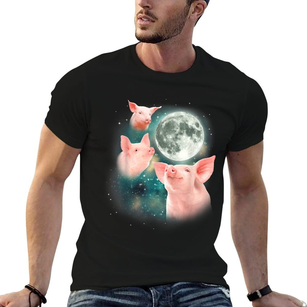 Three Pig Moon  3 Miniature Pigs Howling Swine Weird Piggy  Graphic-printed T-Shirt