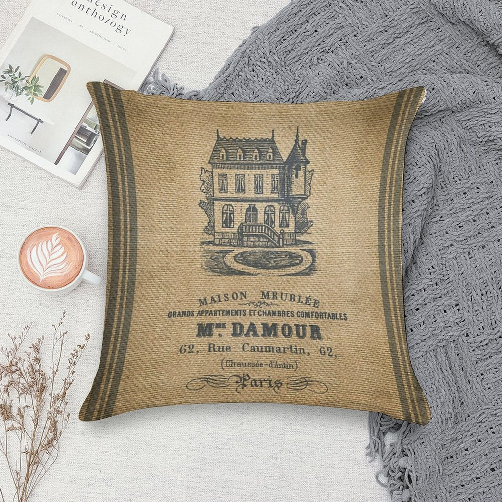 Vintage Burlap French House Design Soft Durable Construction Throw Pillow
