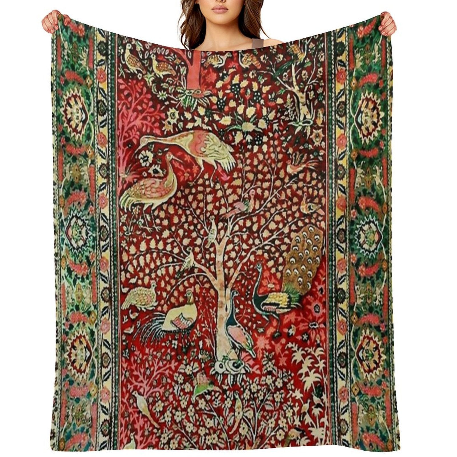 Antique Persian Rug Bird Tree Flowers Ca. 1600 Print Wrinkle-free Throw Blanket