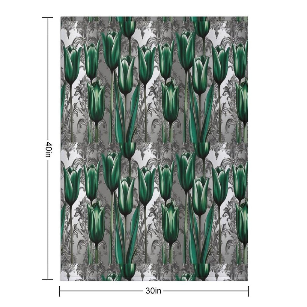 Emerald Green Tulips with Silver Baroque Compact Throw Blanket