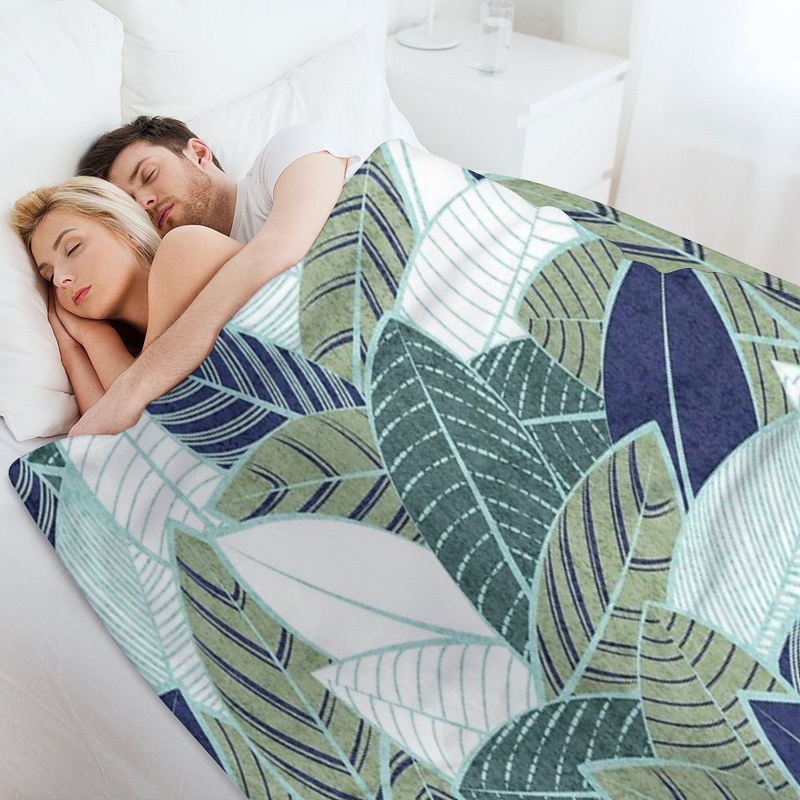 Leaf Wall  Navy Blue Pine And Sage Green Leaves Mint Lines Anti-pilling Throw Blanket