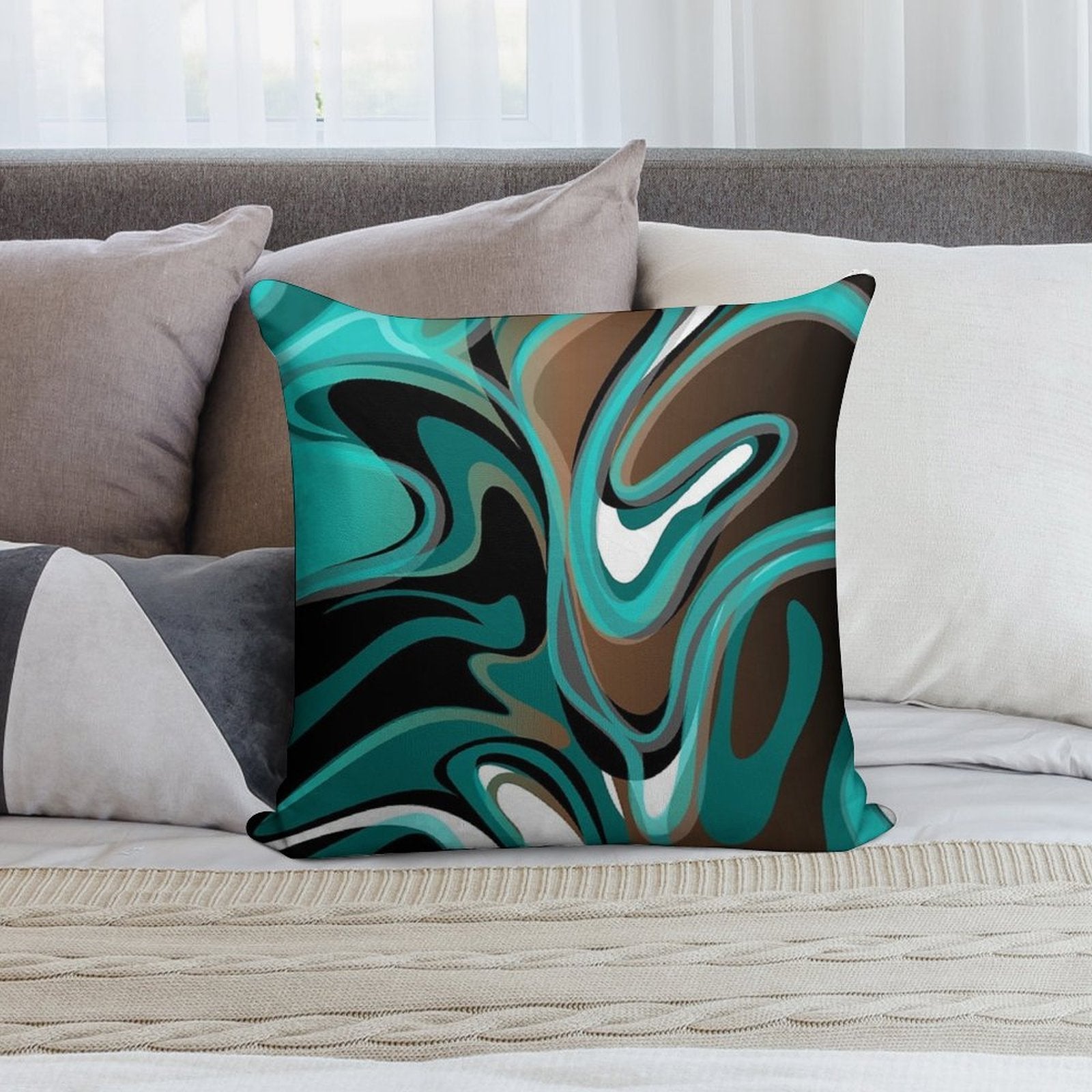 Liquify – Brown, Turquoise, Teal, Black, White Soft Luxury Feel Throw Pillow