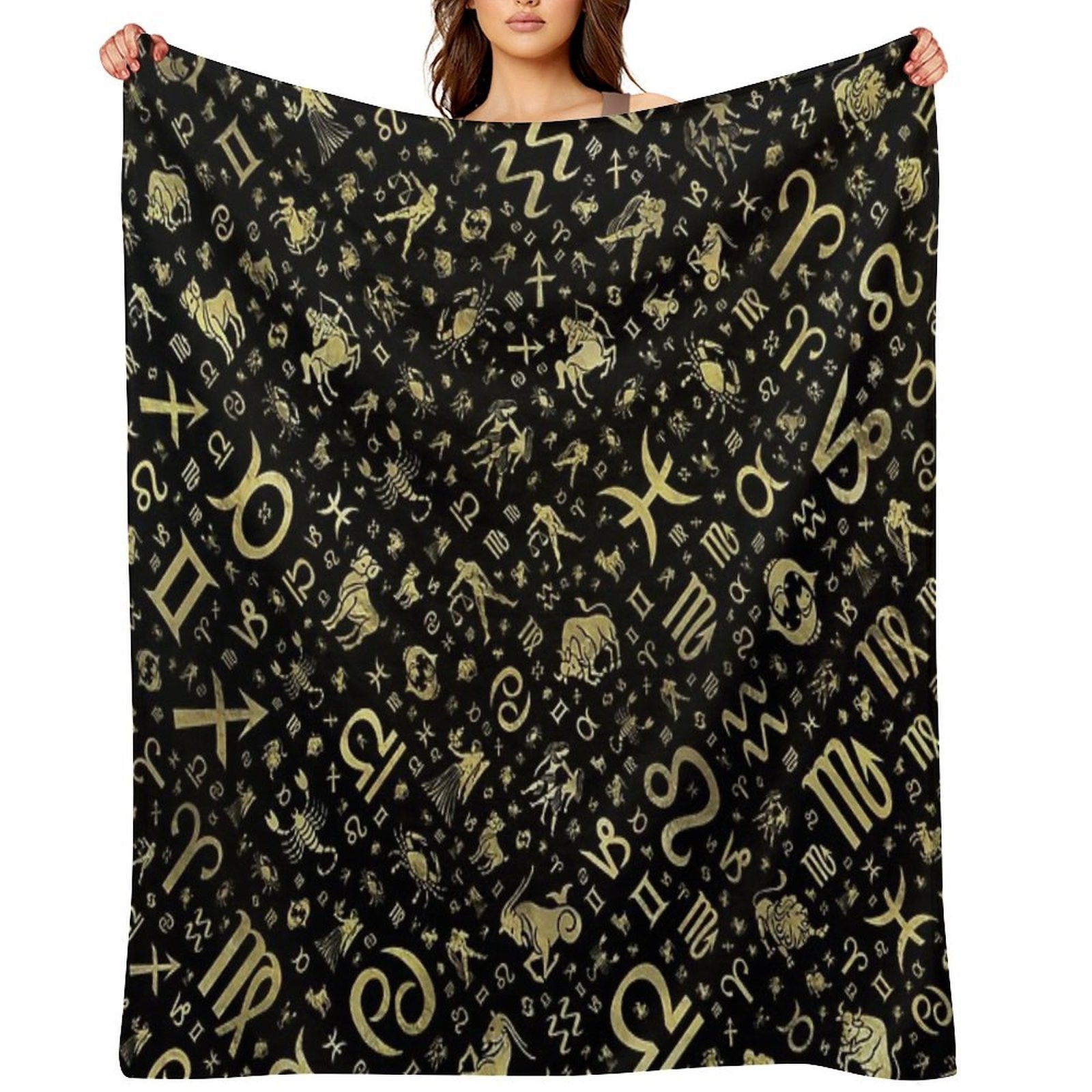 Zodiac Symbols And Glyphs Gold on Black Easy Care Throw Blanket