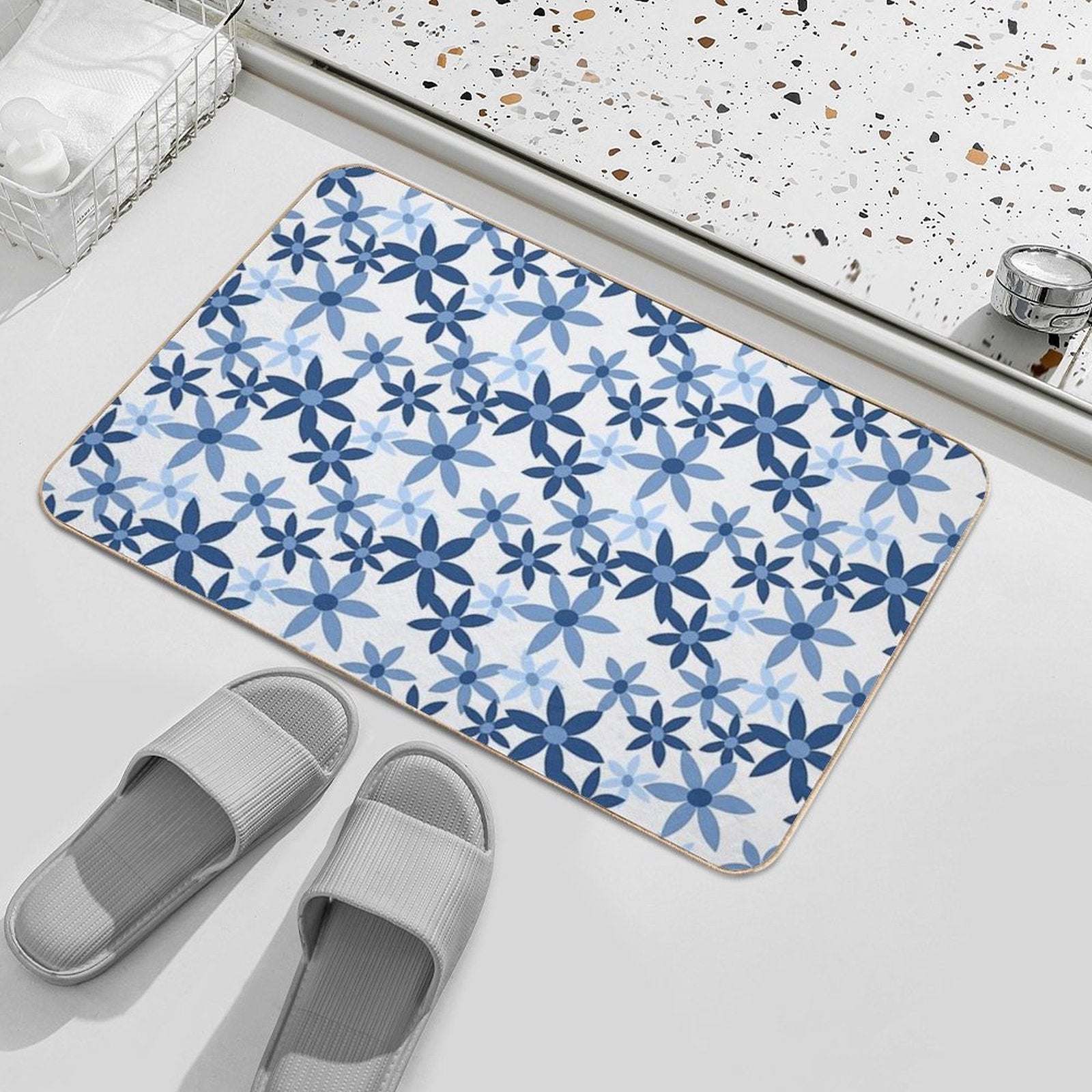 Star Flowers - Blue  Easy Maintenance Bath Mat