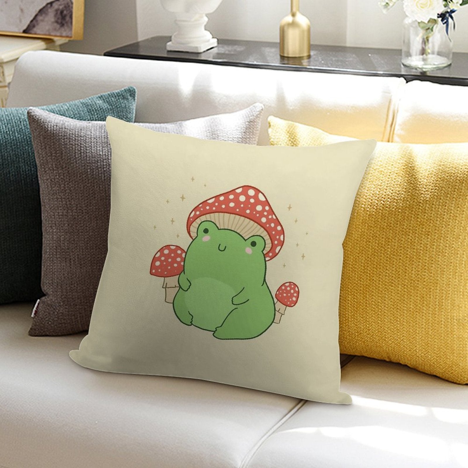 Kawaii Frog with Mushroom Hat Cottagecore Aesthetic Froggy, Chubby Toad in Forest Themed Fantasy Toadstools Soft Hidden Zipper Throw Pillow