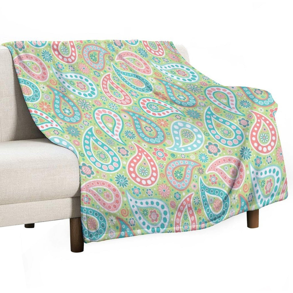Paisley in Green, Turquoise Blue, Coral Pink And White Lightweight Throw Blanket