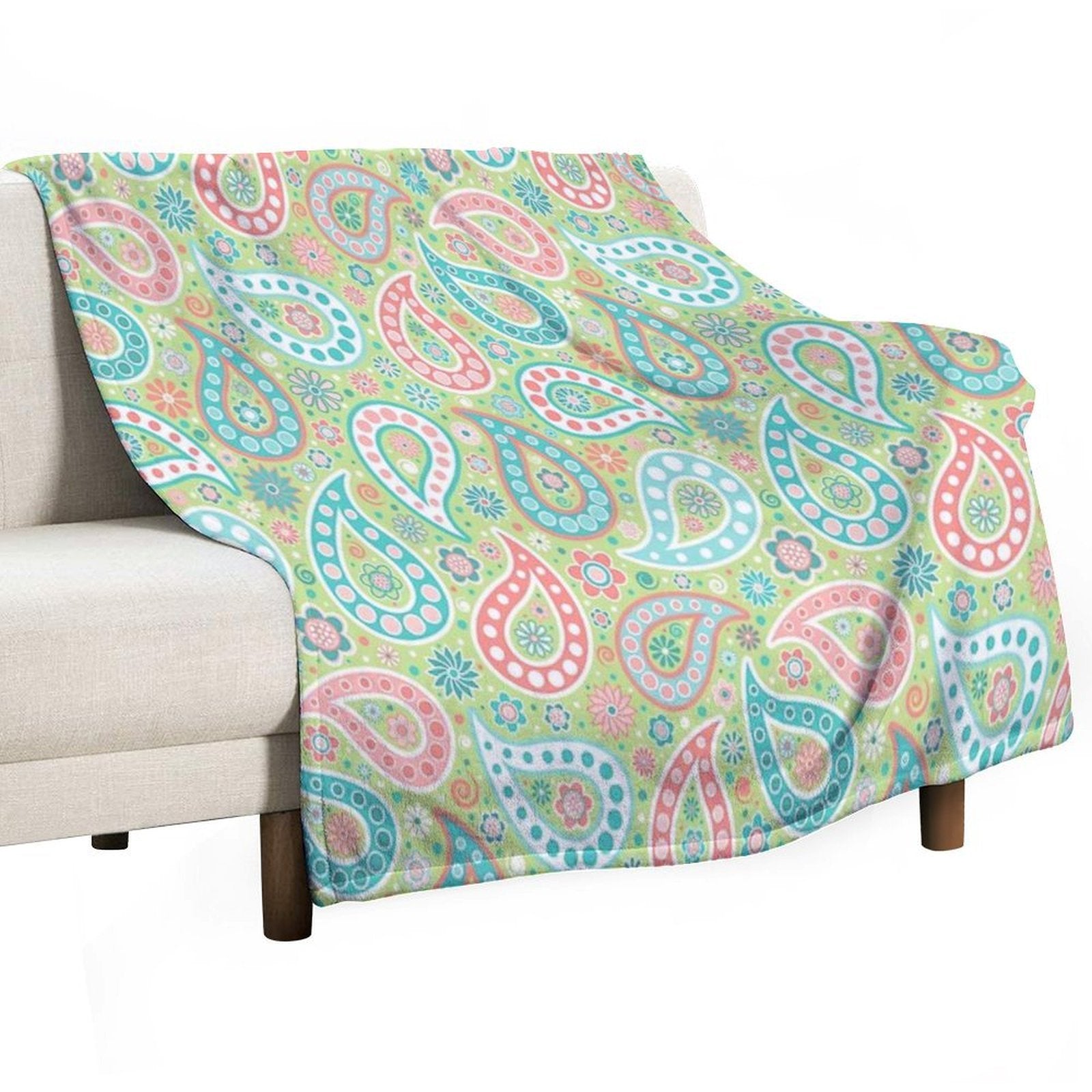 Paisley in Green, Turquoise Blue, Coral Pink And White Lightweight Throw Blanket