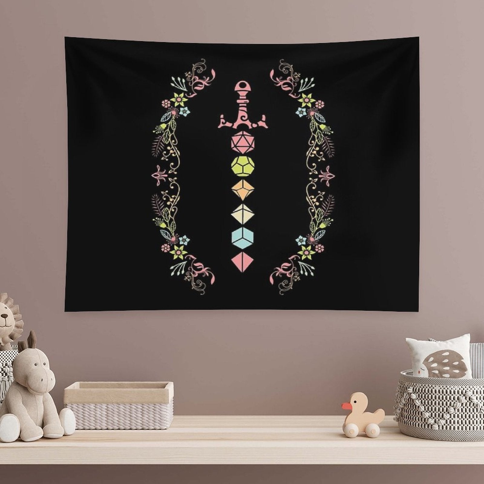 Floral Polyhedral Dice Set Sword Tapestry