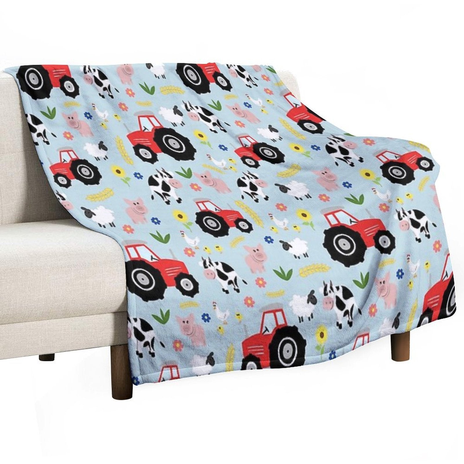 Cute Kids Red Tractor Farm Animal Pattern Cartoon Gift-ready Throw Blanket