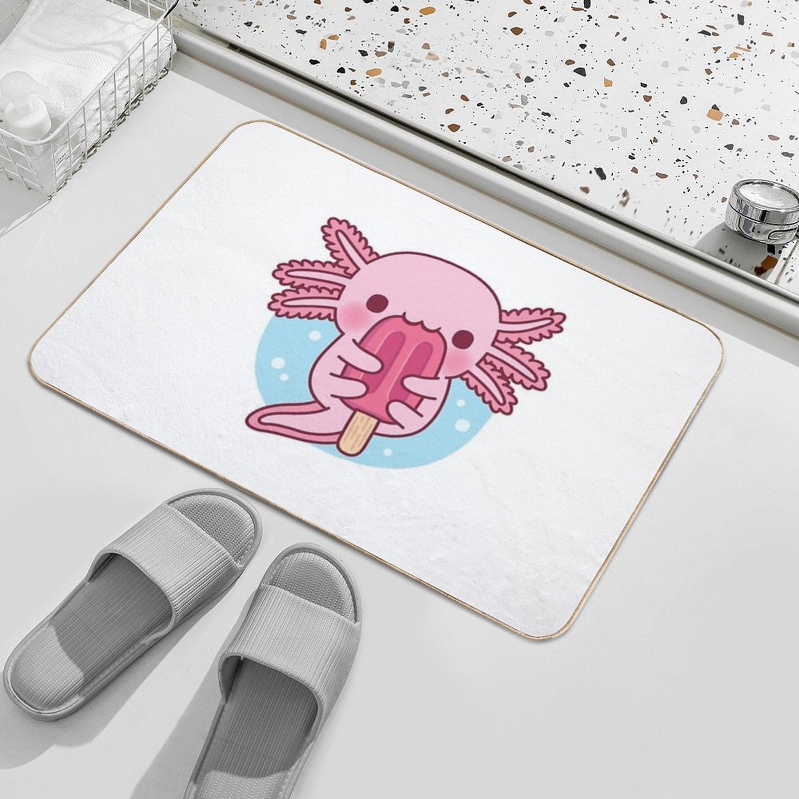 Cute Axolotl Eating Popsicle Ice Cream Durable Bath Mat