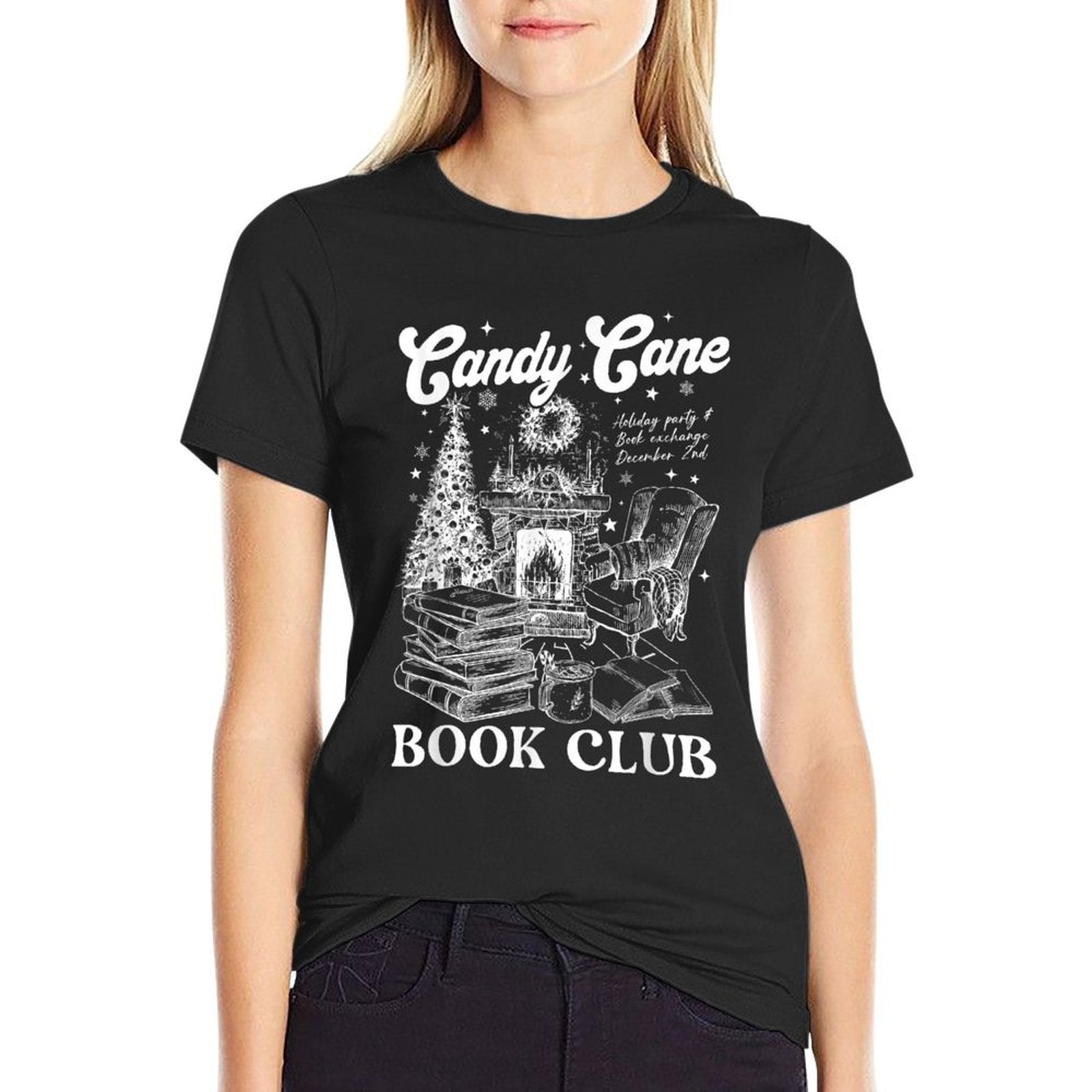 Bookish Christmas Candy Cane Book Club Librarian Winter Comfortable T-Shirt