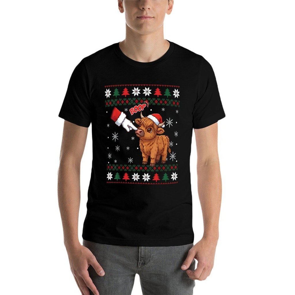 Santa Farmer Funny Western Hand Boop Christmas Highland Cow  Wrinkle-resistant T-Shirt