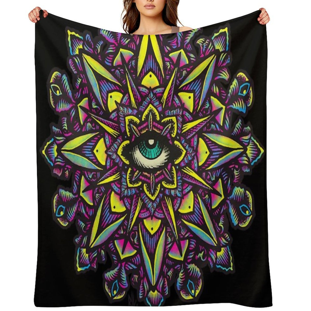 Dharma Wheel Neon Mandala Eye Machine-washable Throw Blanket