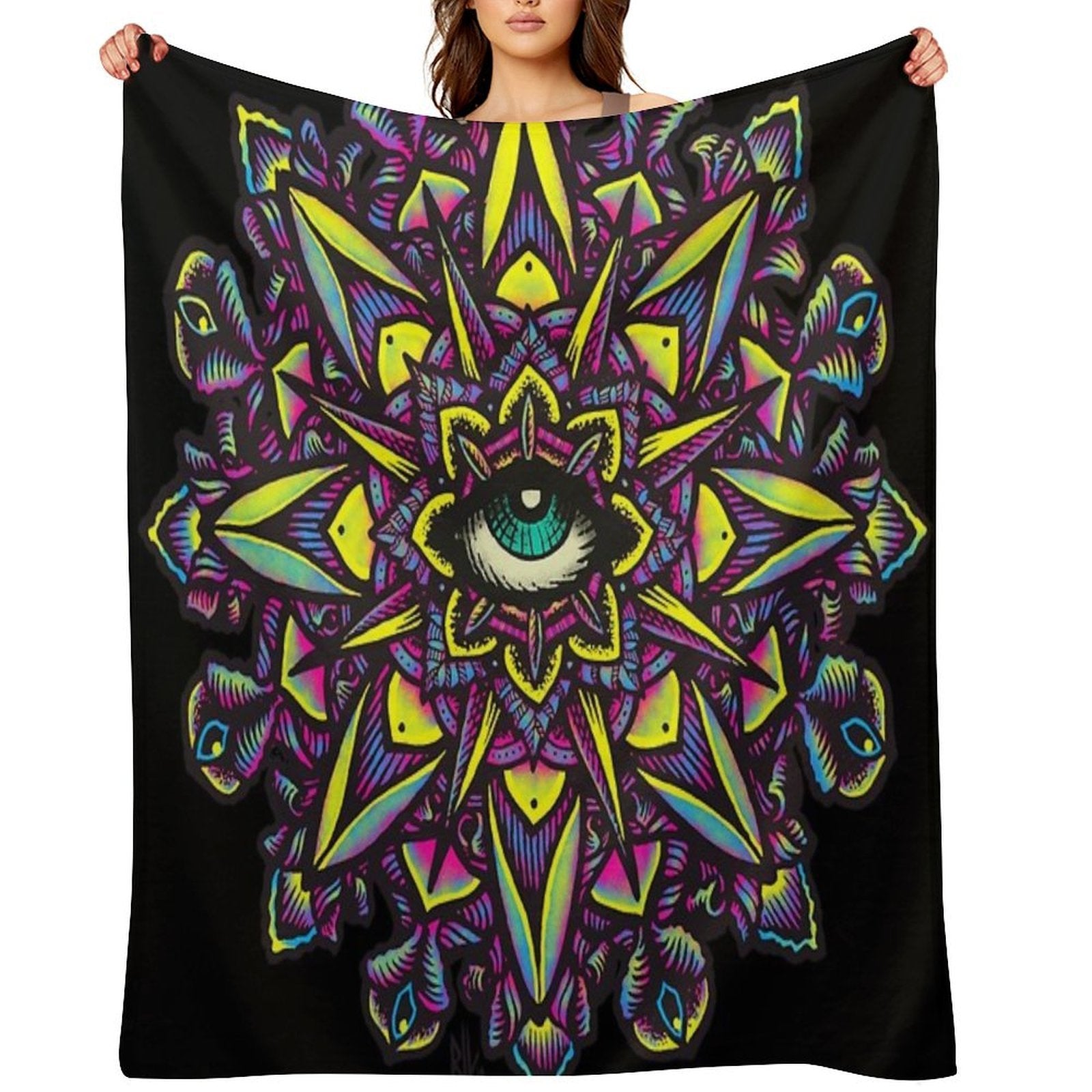 Dharma Wheel Neon Mandala Eye Machine-washable Throw Blanket