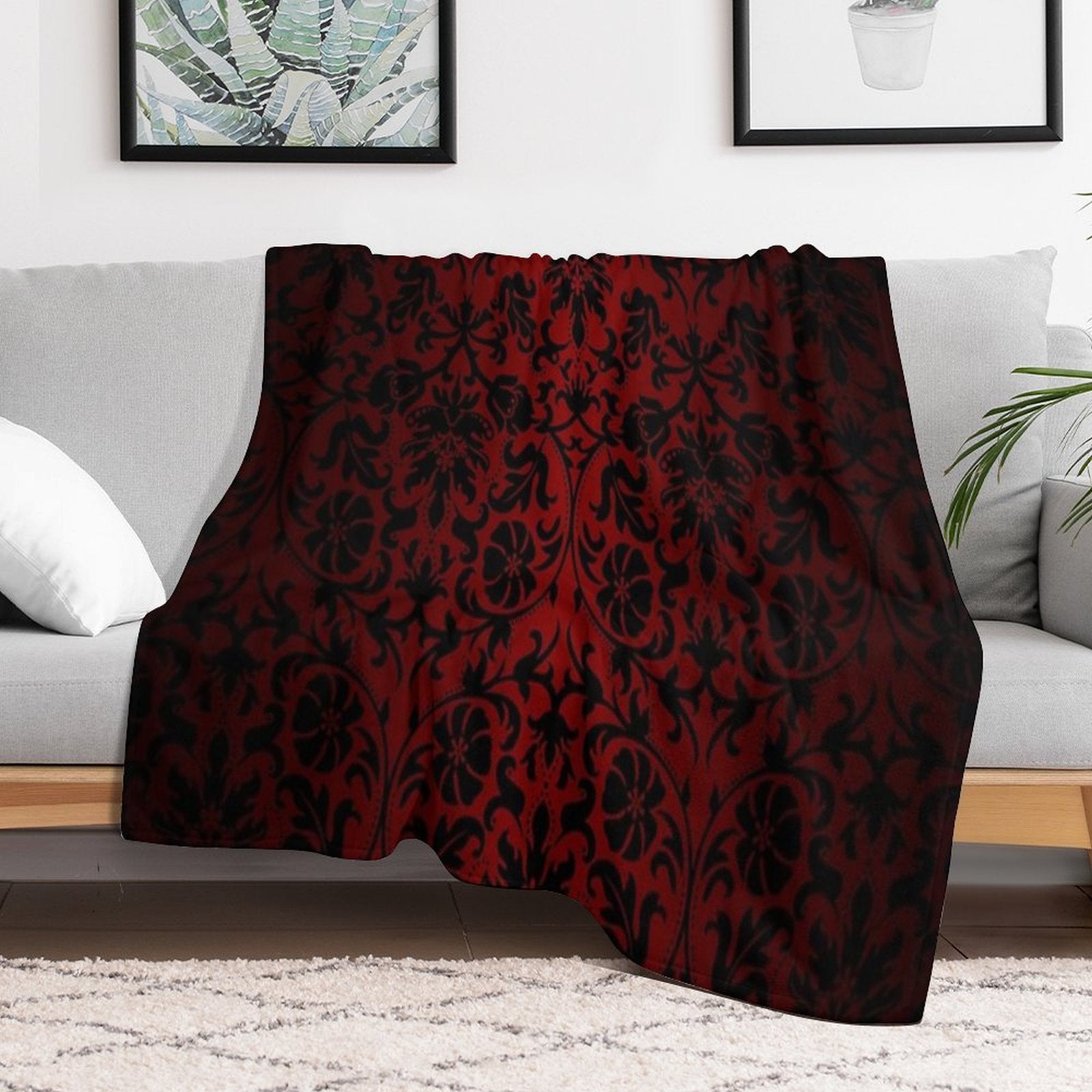 Dark Red And Black Damask Pattern Lightweight Throw Blanket