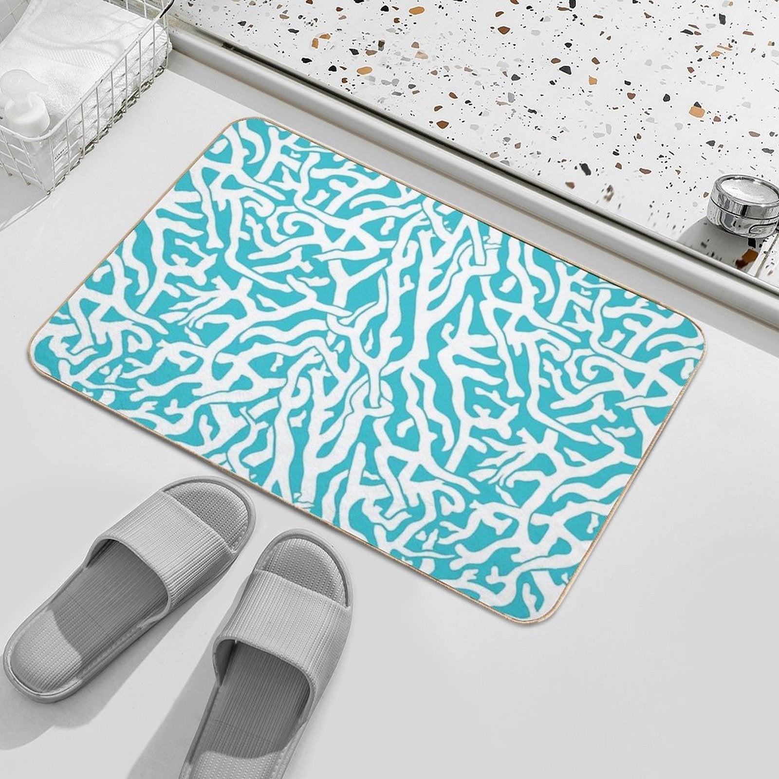 Coral Reef Pattern White Aqua Blue Beach  Anti-Trip Bath Mat