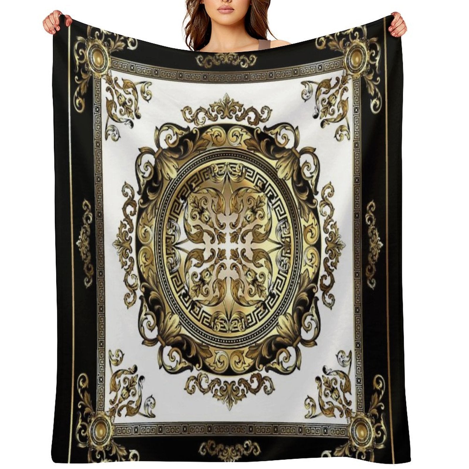 Ornate Baroque White Gold Black Greek Key Meander Compact Throw Blanket