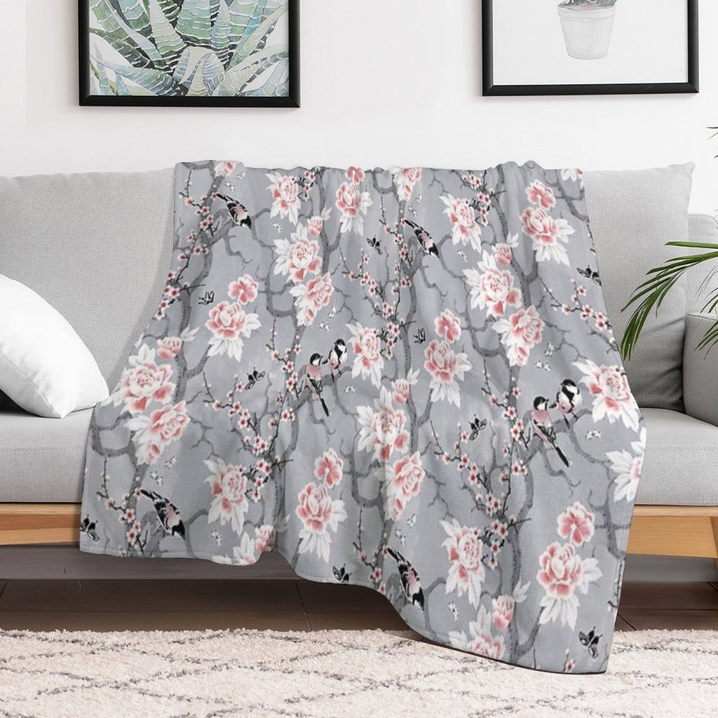 Chinoiserie Birds in Grey Wrinkle-free Throw Blanket