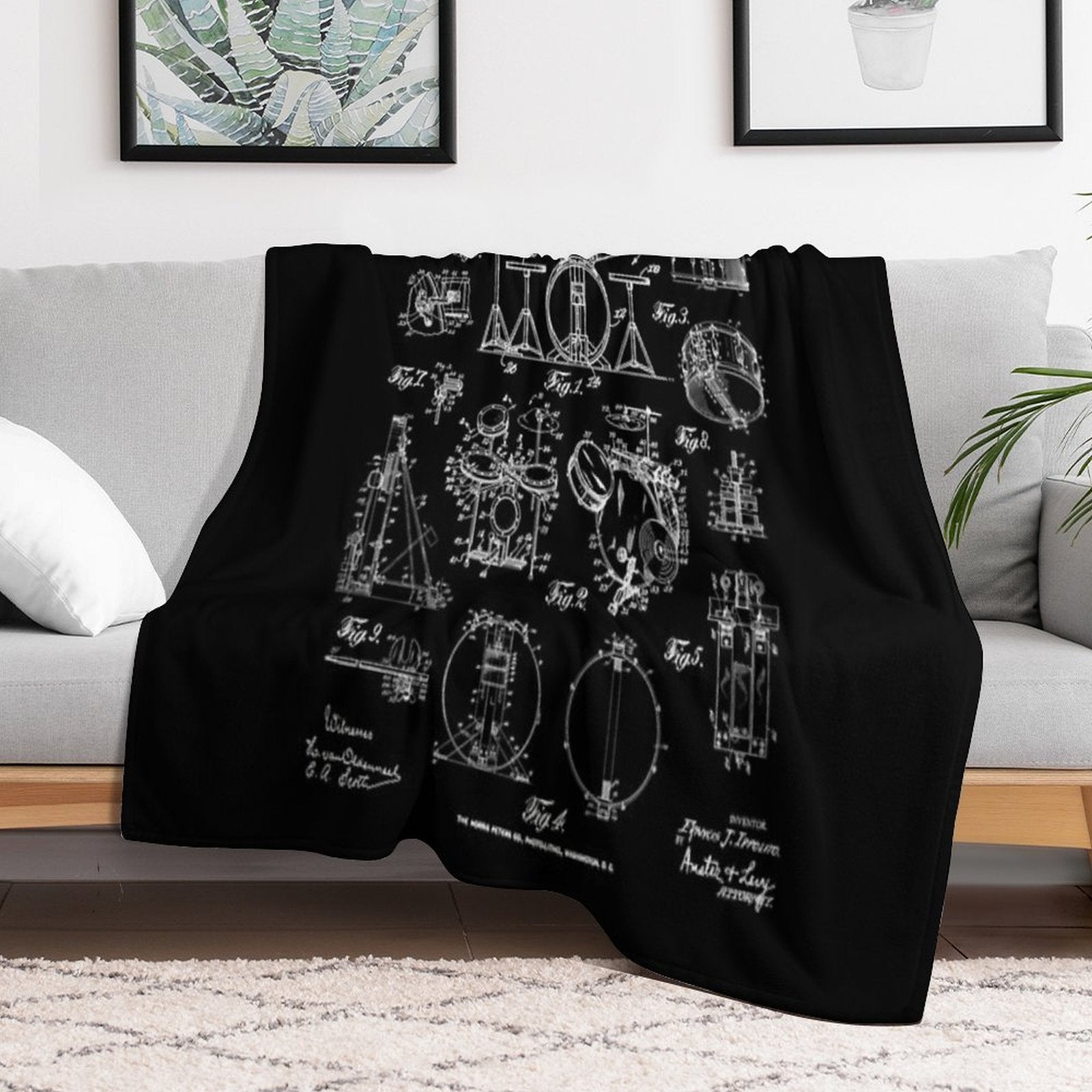 Drum Set Kit Vintage Patent Drummer Drawing Print Easy Care Throw Blanket