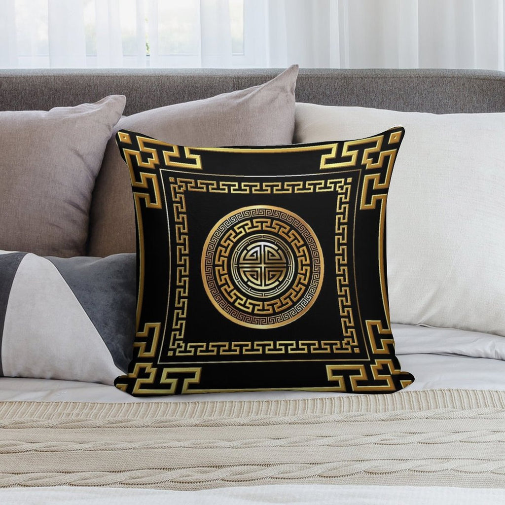 Greek Key Meander Black Gold Large Soft Fade-Resistant Throw Pillow