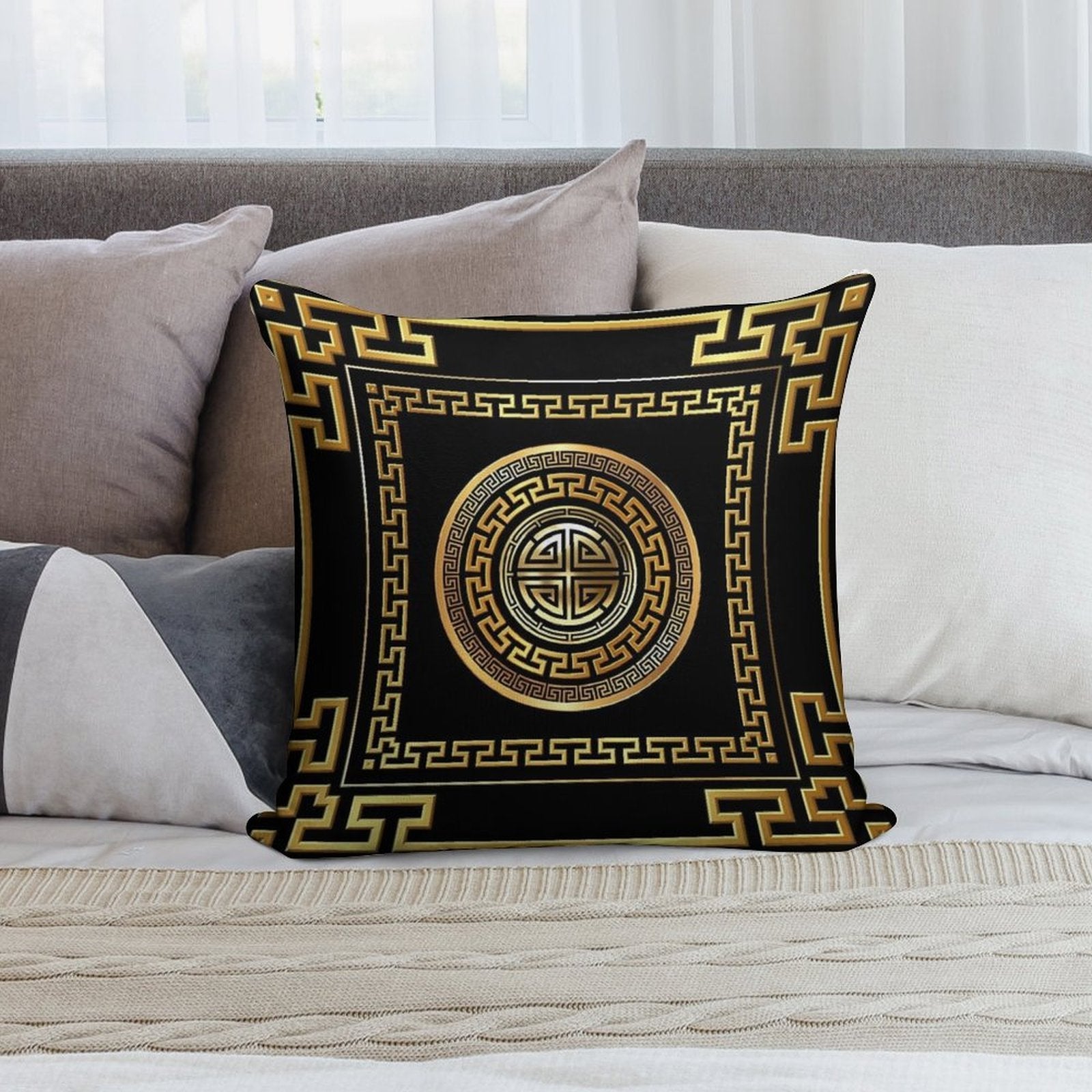 Greek Key Meander Black Gold Large Soft Fade-Resistant Throw Pillow