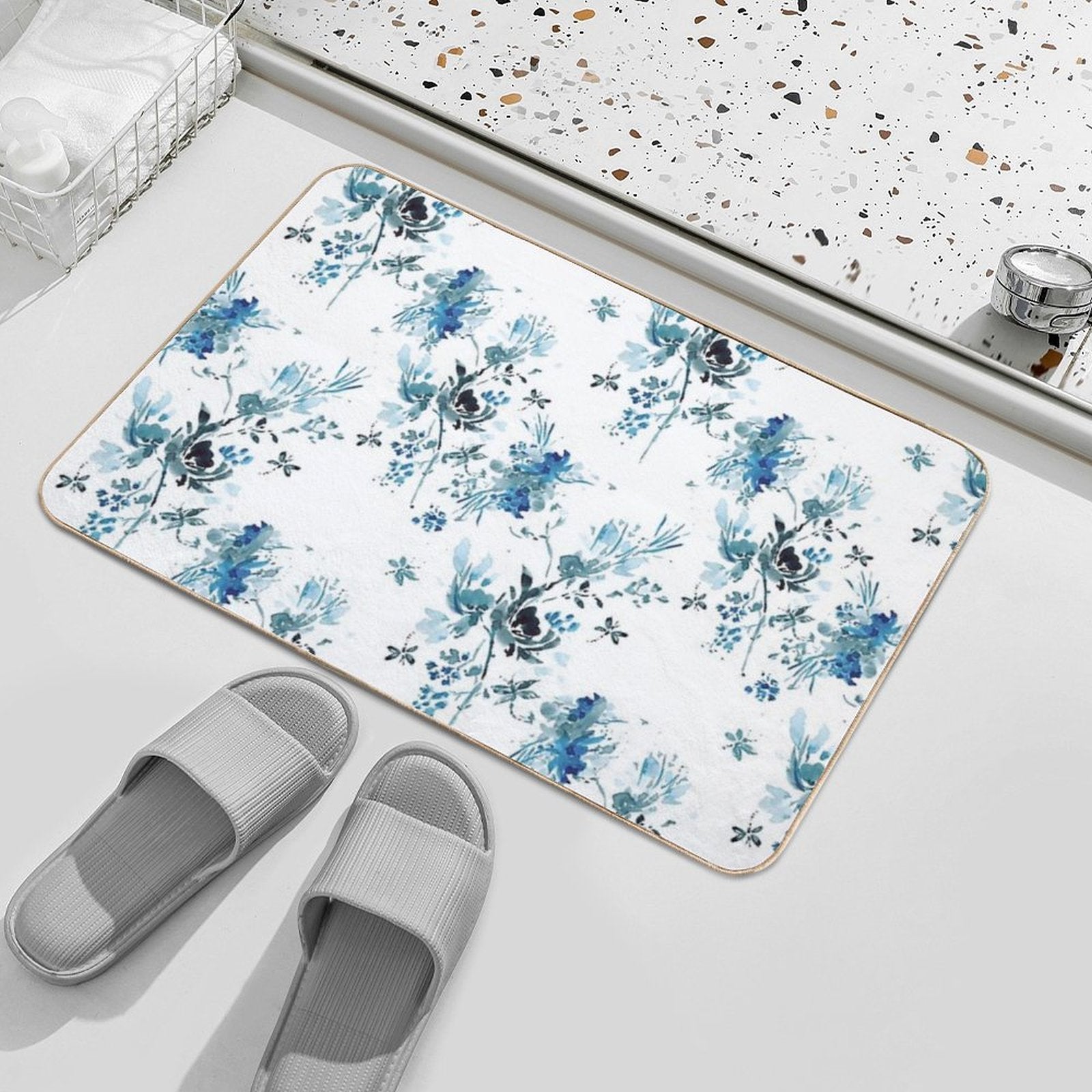 Blue Floral with Dragonflies  Repositionable Bath Mat