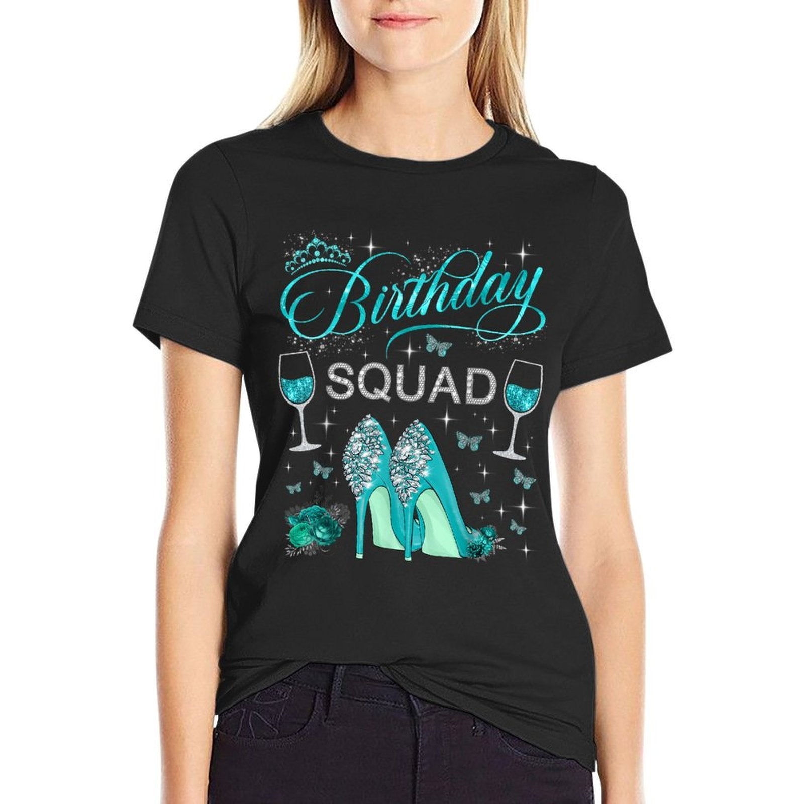 Birthday Squad Diva Squad High Heels Butterflies Women Girls  Fade-proof Color T-Shirt
