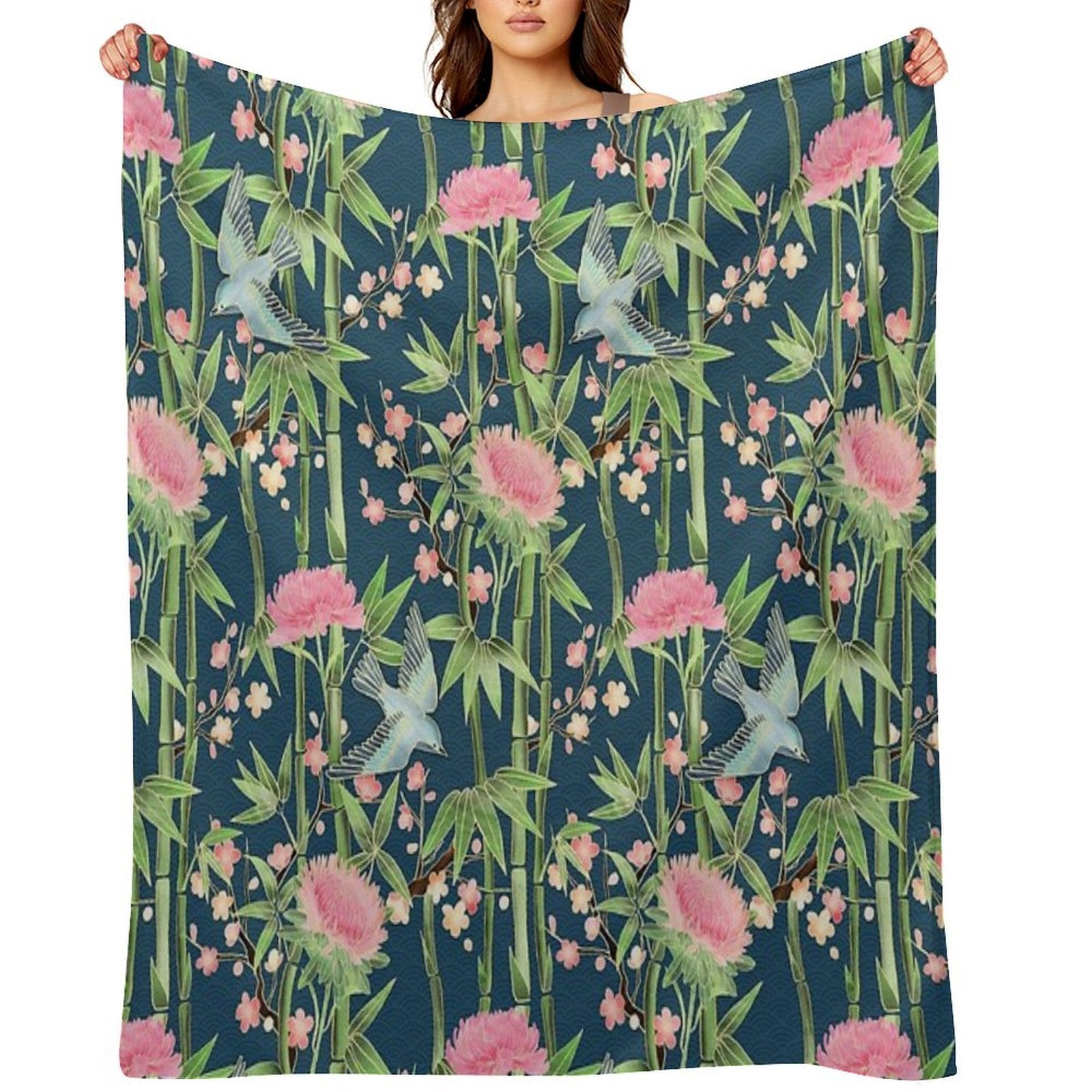Bamboo, Birds And Blossom - Dark Teal Durable Throw Blanket