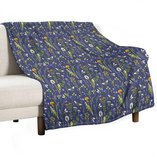 Bees And Wildflowers  Dark Blue Easy Care Throw Blanket