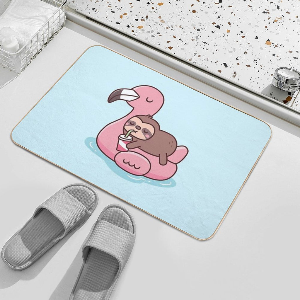 Cute Little Sloth Chilling On Flamingo Pool Float  Long-Lasting Bath Mat