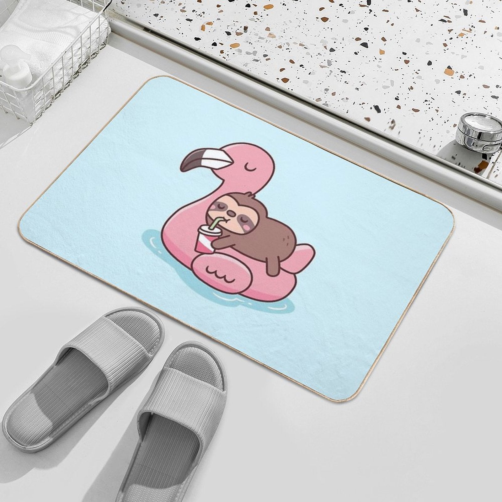 Cute Little Sloth Chilling On Flamingo Pool Float  Long-Lasting Bath Mat