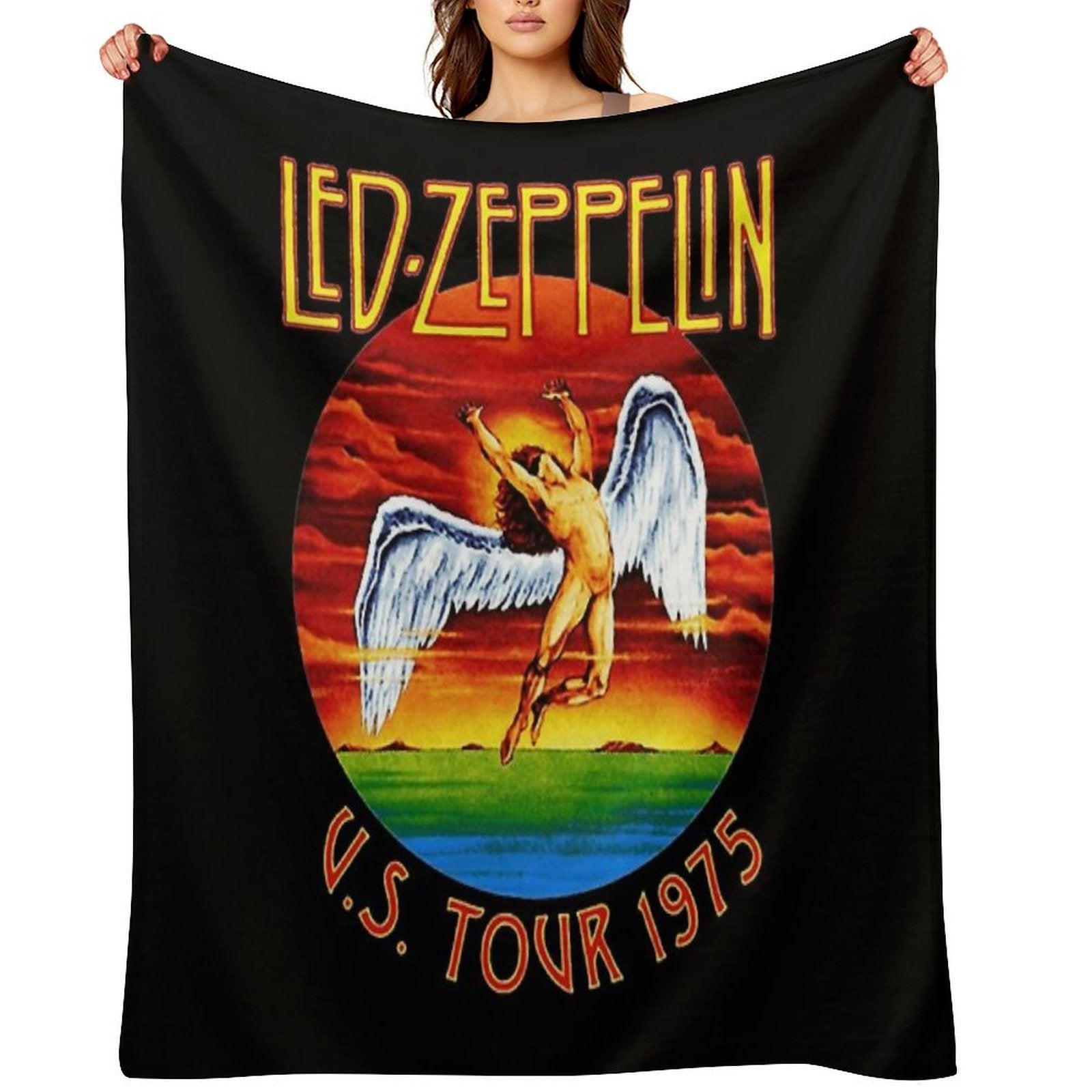 Led Vintage  US Tour 1975  Black Background Travel-friendly Throw Blanket