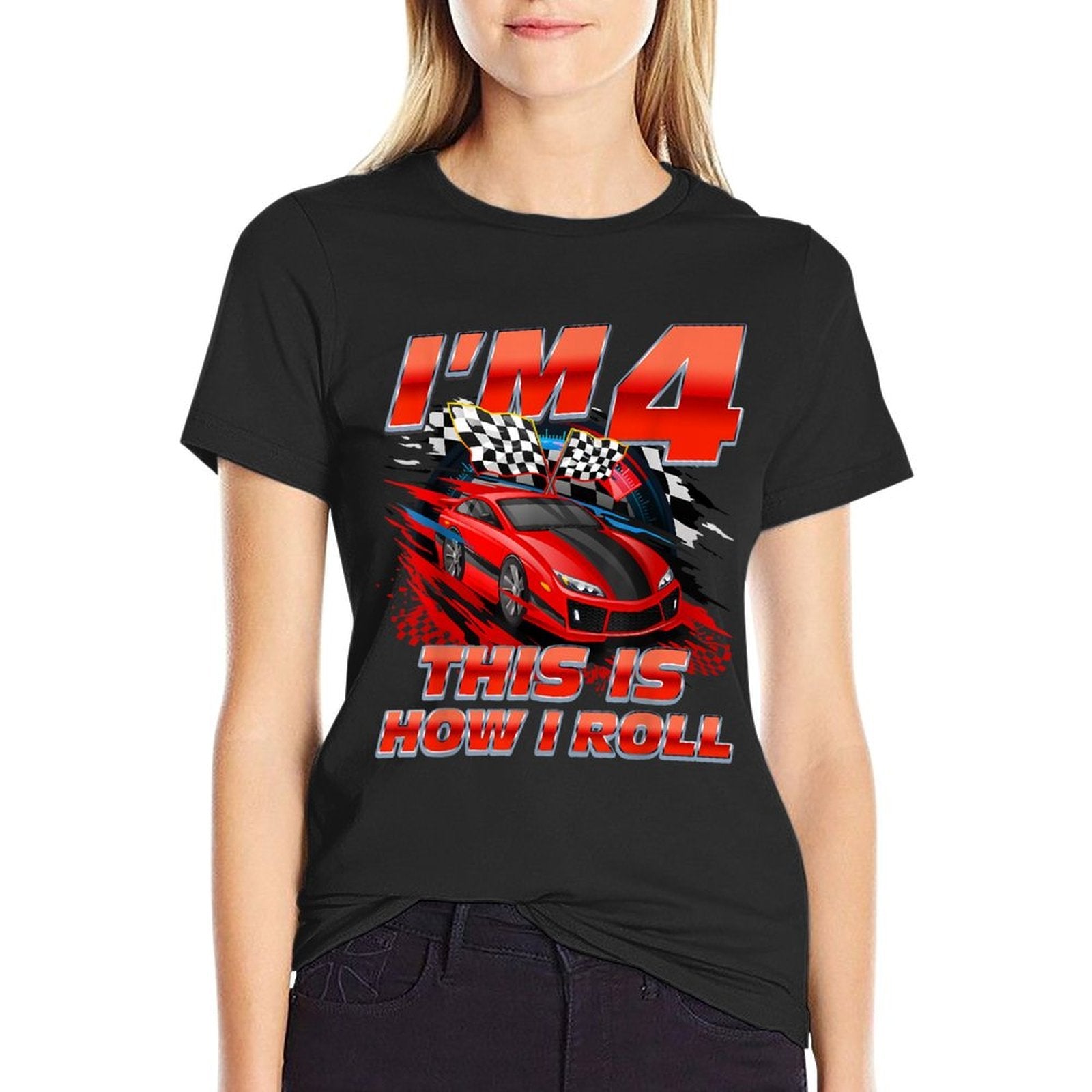 4 Year Old Race Car 4th Birthday Racecar Racing Boy Kids  Rolled Sleeves T-Shirt