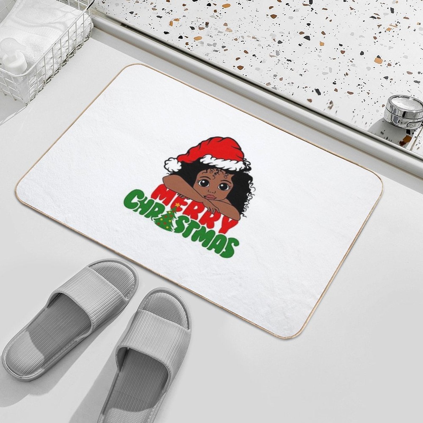 American African Christmas Santa Cute Natural Hair Afro Xmas  Non-Slip Bath Mat