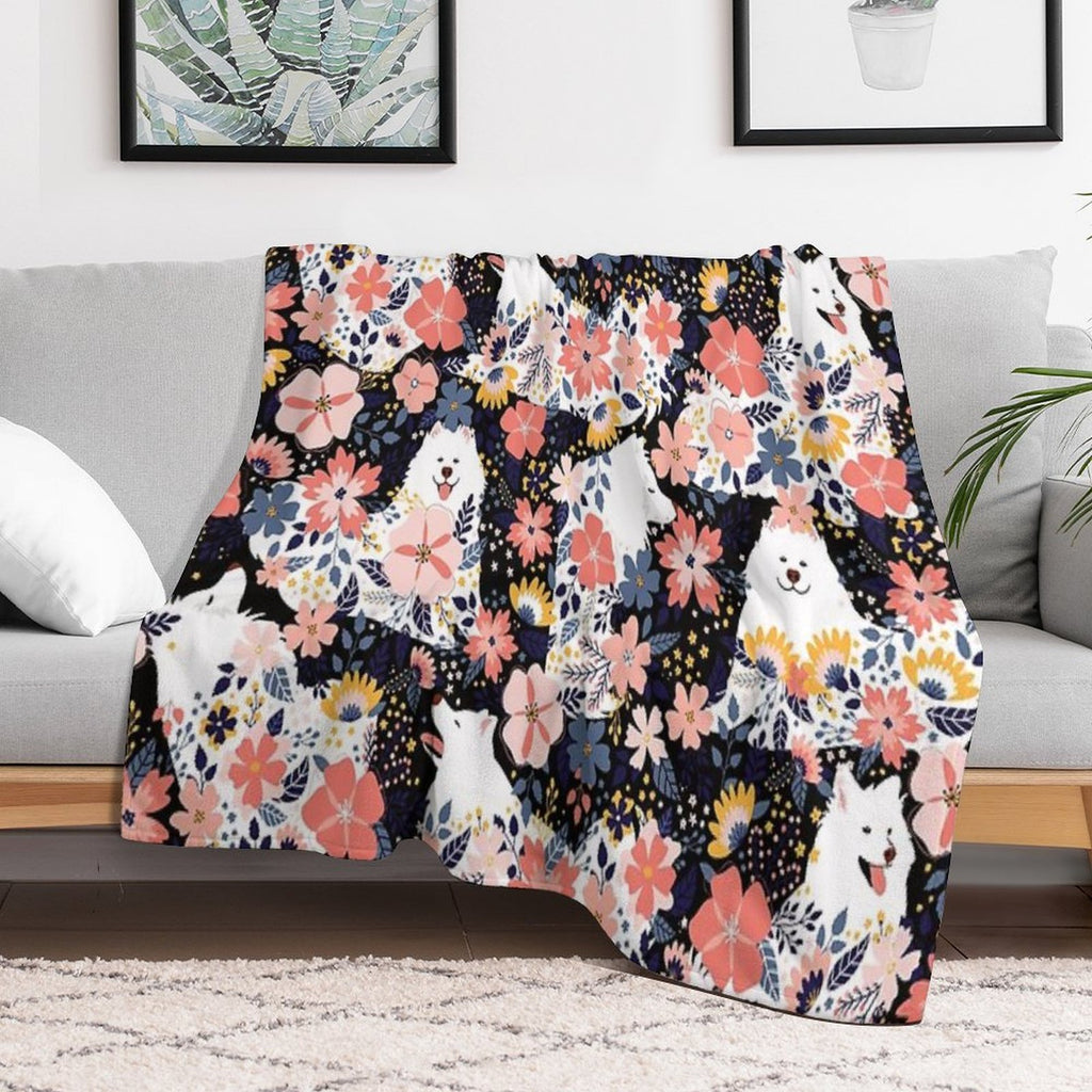 Cute Samoyed Garden - Black Background Shrink-resistant Throw Blanket