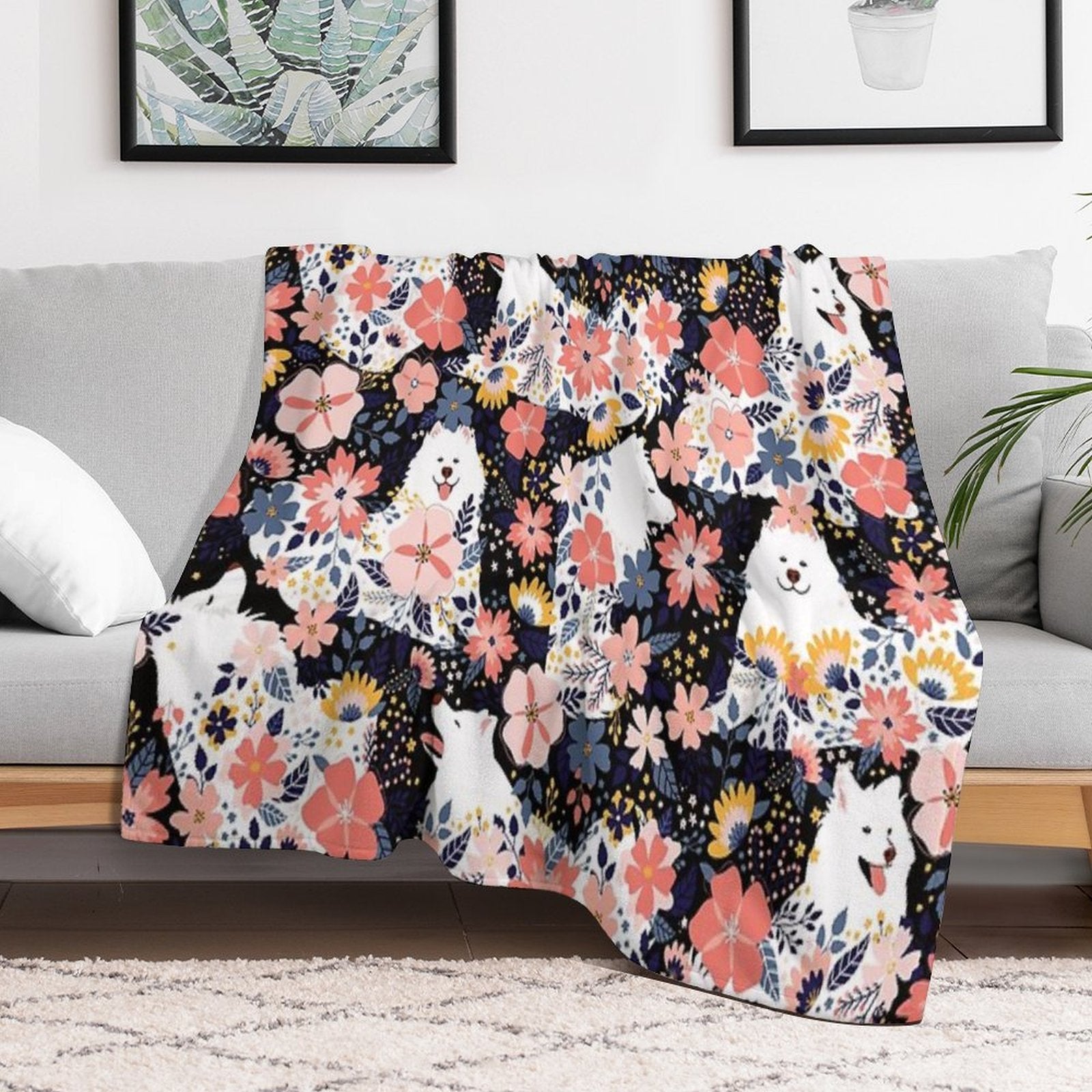 Cute Samoyed Garden - Black Background Shrink-resistant Throw Blanket