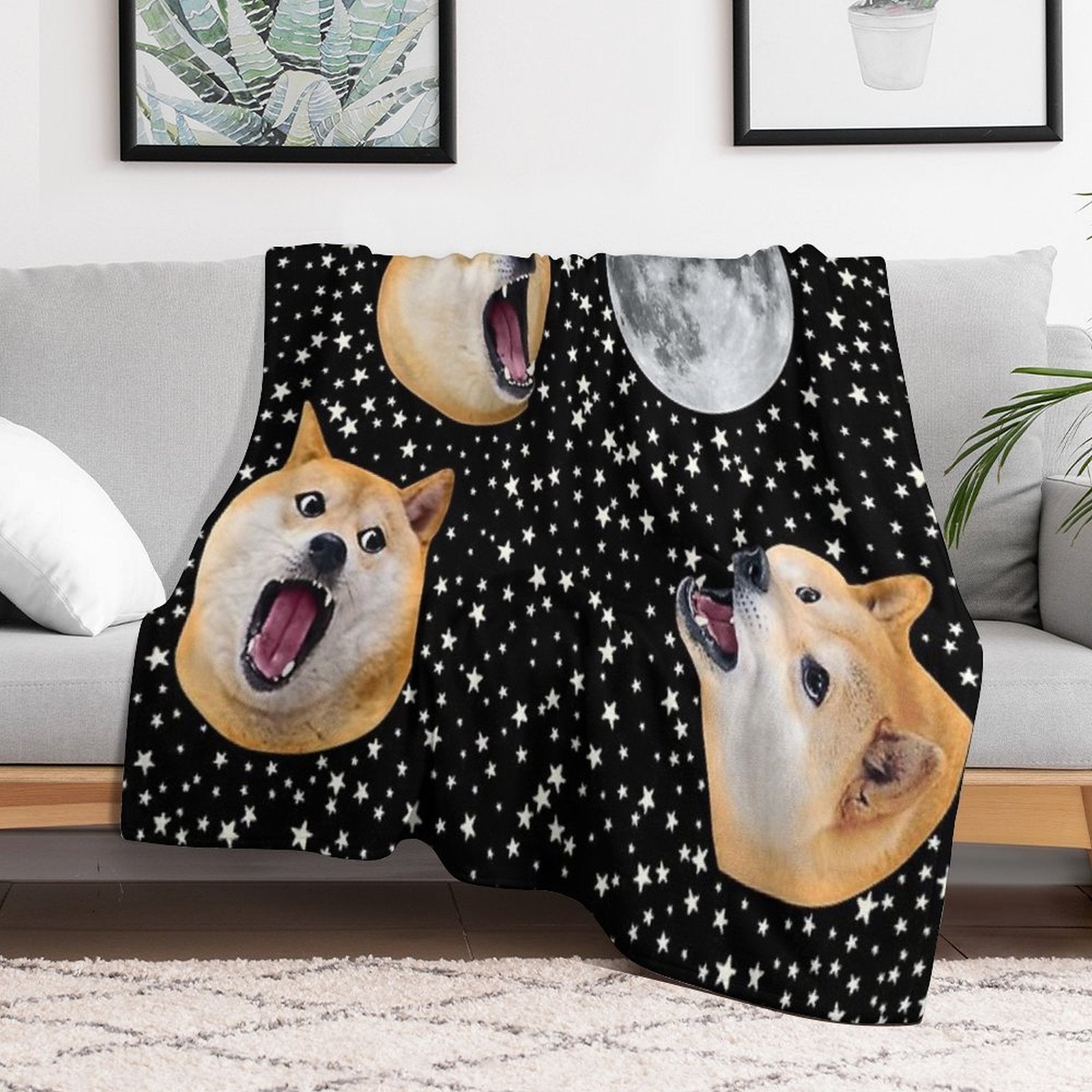 Three Doge Night Howling at The Moon Compact Throw Blanket