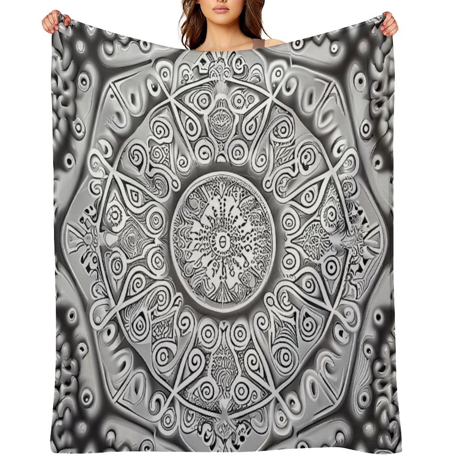 Symmetrical Monochromatic New Traditional Pattern Digital Painting Travel-friendly Throw Blanket