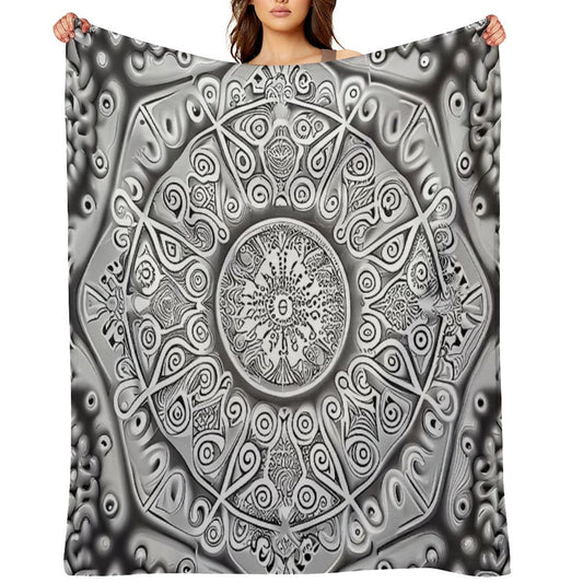 Symmetrical Monochromatic New Traditional Pattern Digital Painting Travel-friendly Throw Blanket