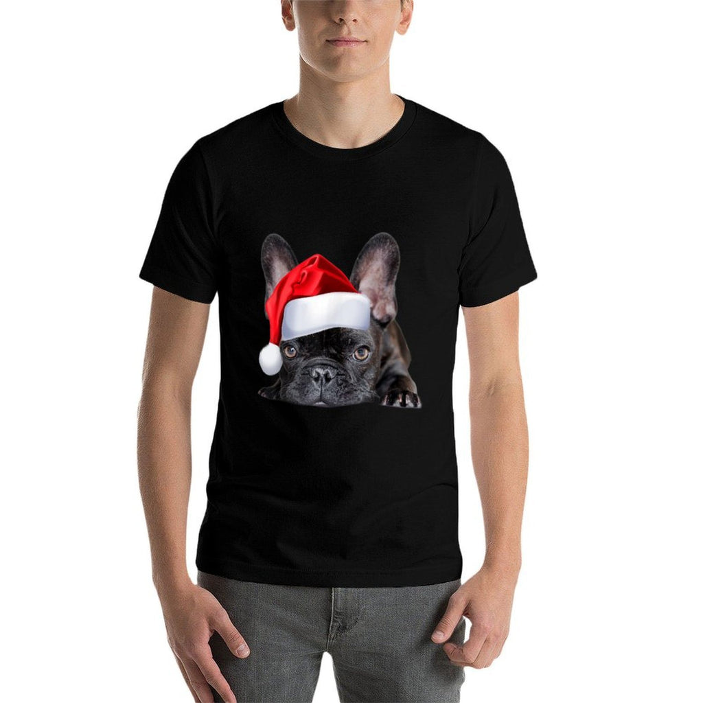 Cute French Bulldog Santa Hat Frenchie Image Christmas Gift  Heathered Texture T-Shirt