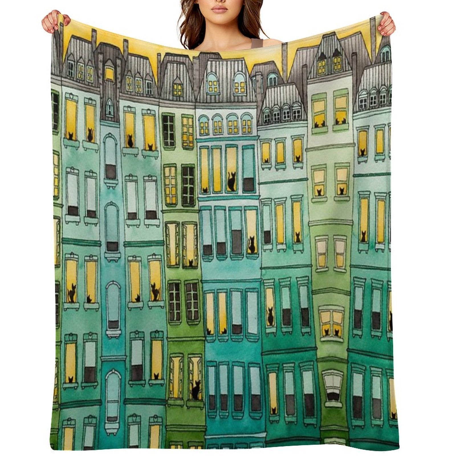 Cats in Green Townhouses Anti-pilling Throw Blanket
