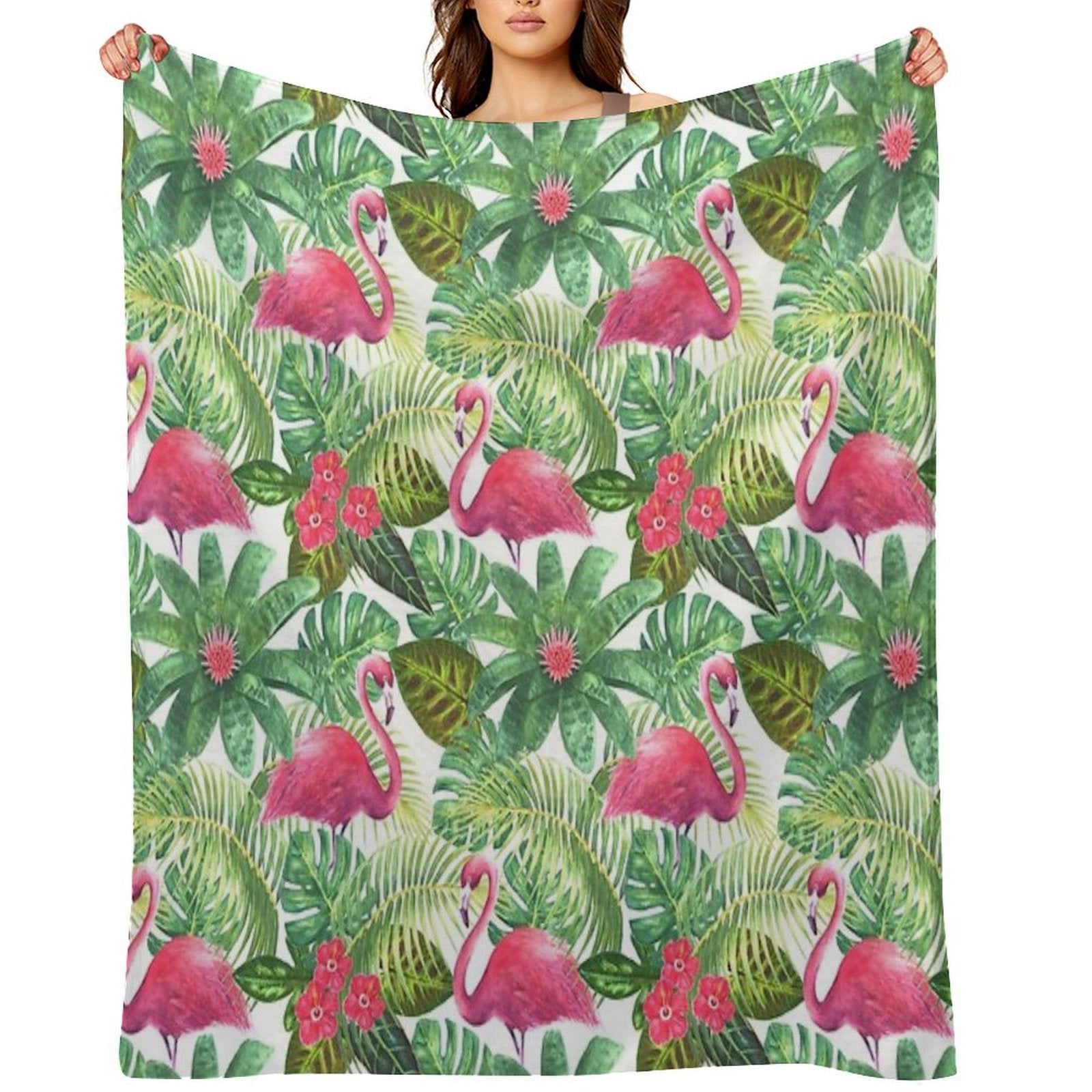 Tropical Exotic Seamless Pattern with Pink Flamingos on White Background Premium Throw Blanket