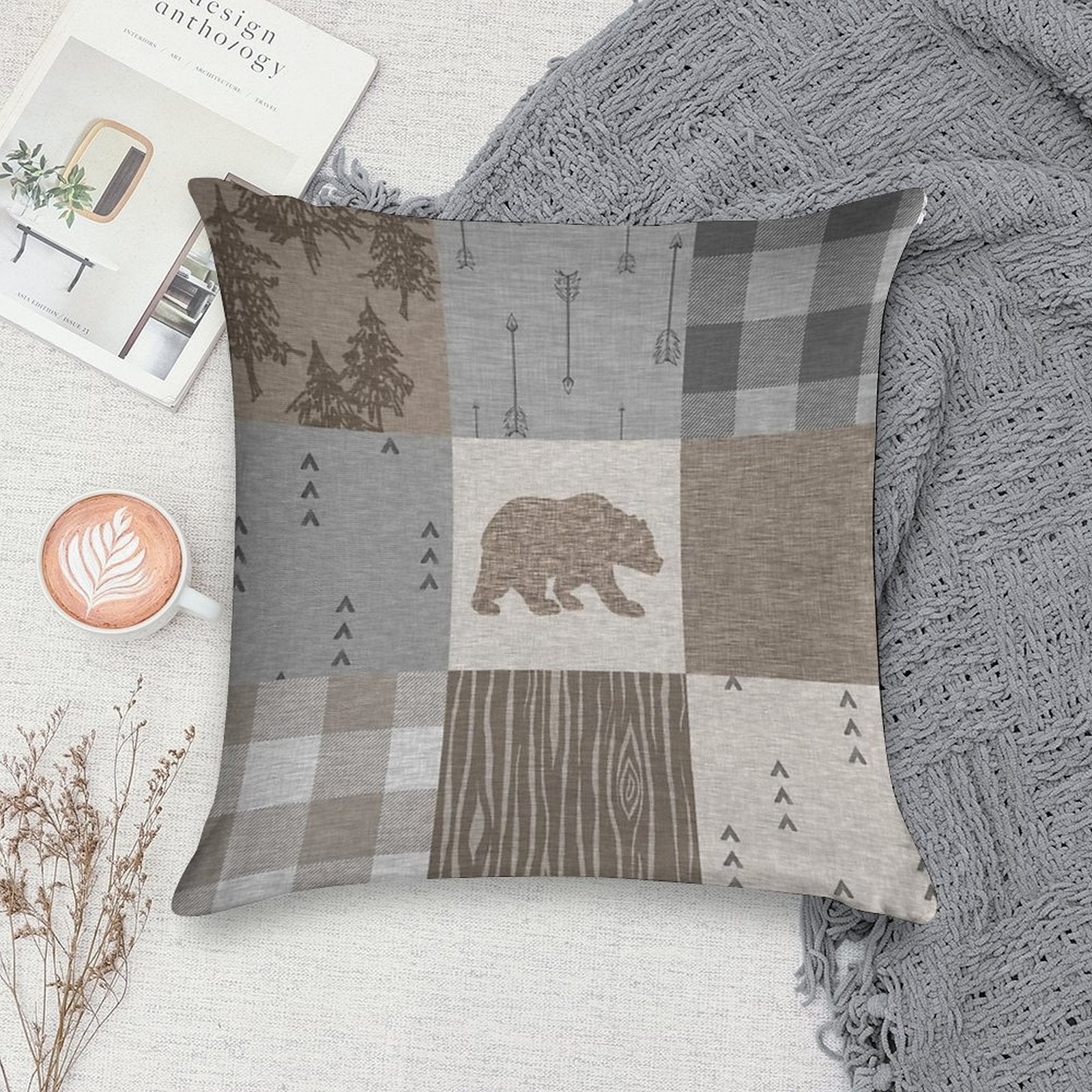 Bear Patchwork - Rustic Neutrals Soft High-Density Material Throw Pillow