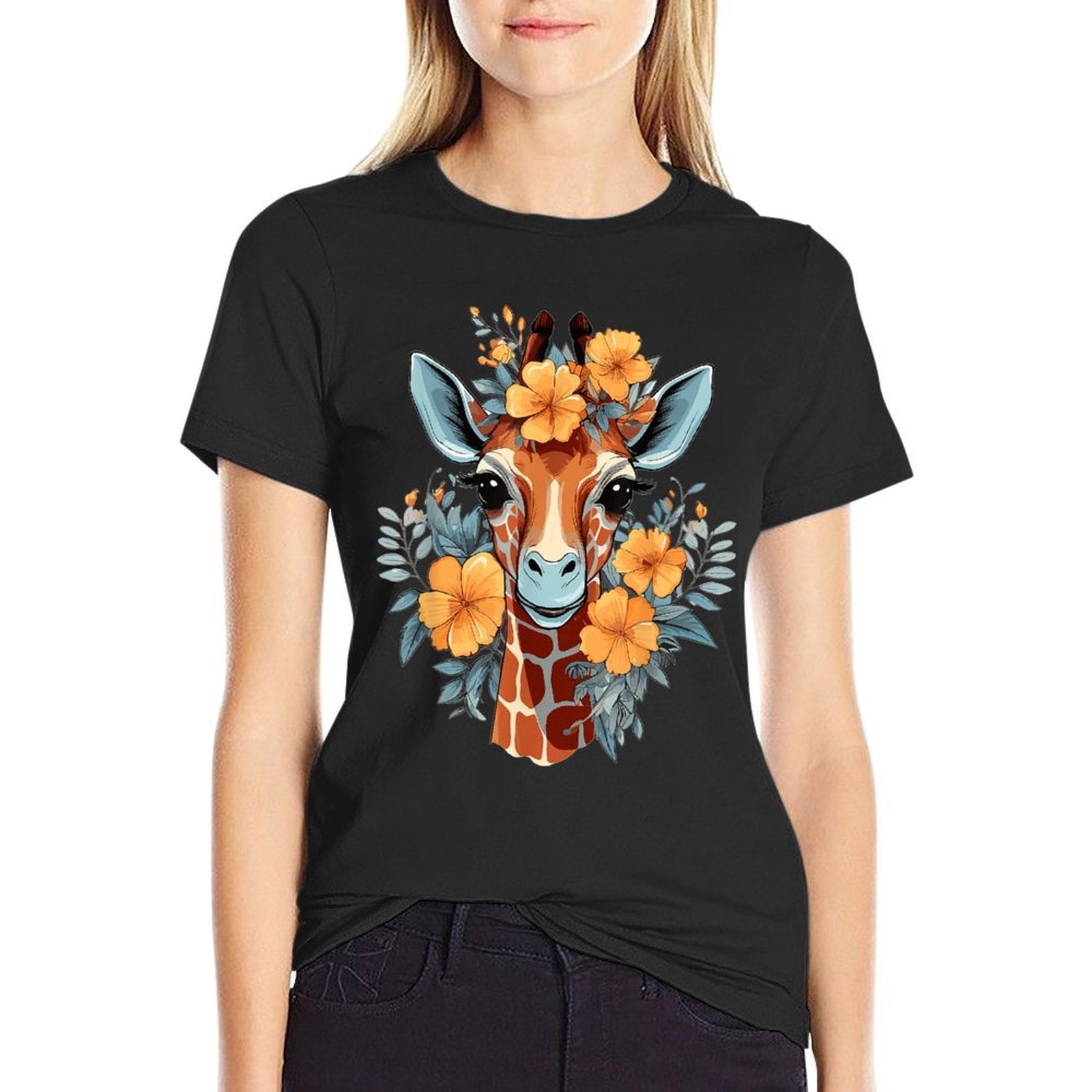 Colorful Giraffe With Flower I Giraffe  Odor-resistant T-Shirt