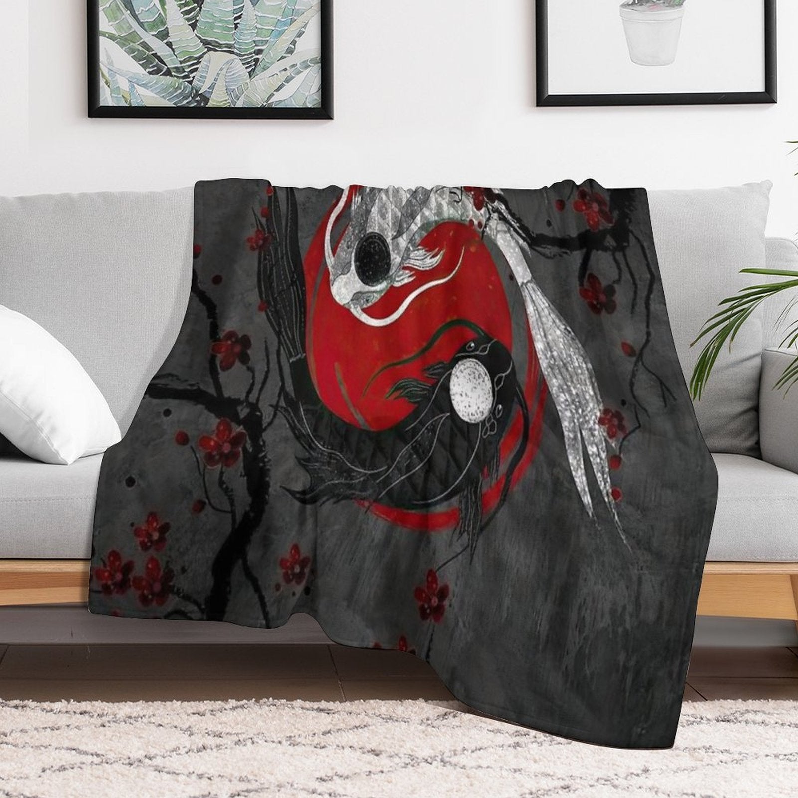 Japanese Ying Yang Koi Fish And Sakura Red & Gray Premium Throw Blanket
