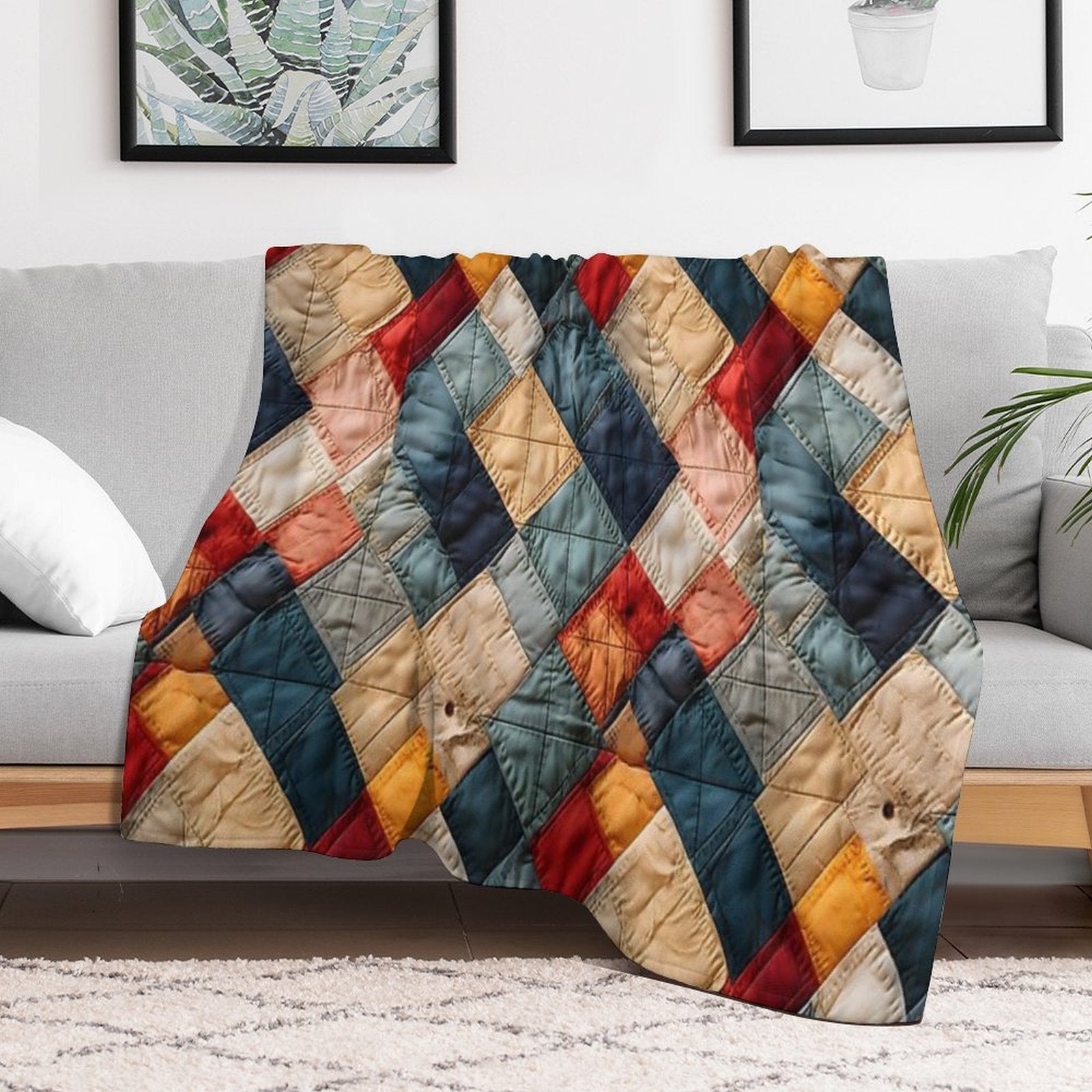 Retro Geometric Distressed Patchwork Pattern All-season Throw Blanket